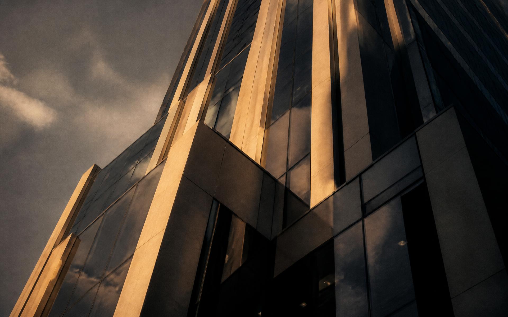 Modern commercial tower at dusk